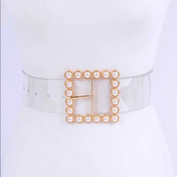 Plus Size Gold & Clear PVC Pearl Square Buckle Belt Women Gold Faux Leather Elastic Hip High Waist Square Buckle  main image 3